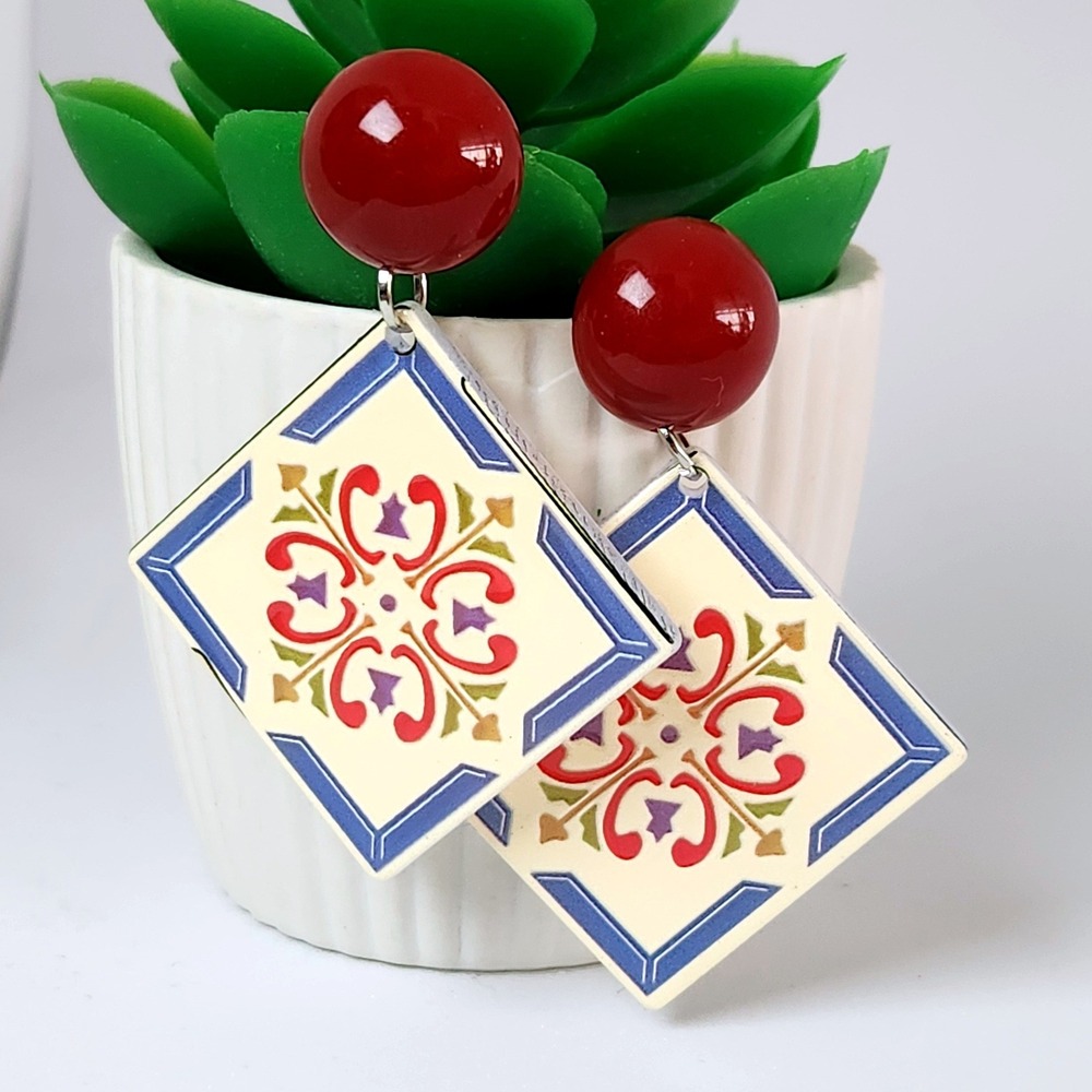 Mediterranean Tile Print Acrylic Drop Earrings Red Blue Square Statement 2.0"
